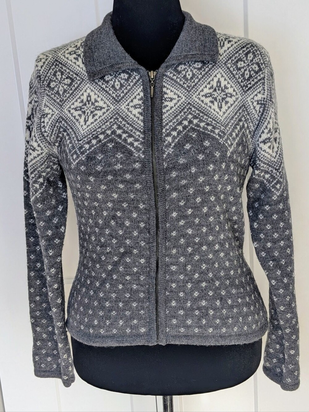 Harris Wallace Women Fair Isle Wool Knit Full Zip Cardigan Sweater Gray Ivory M